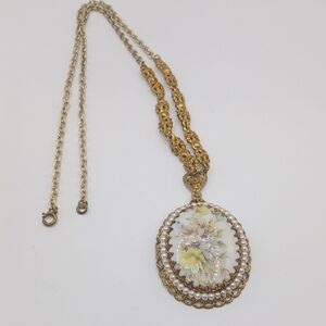 Western Germany Filigree Necklace With a Floral Painted Milkglass Pendant